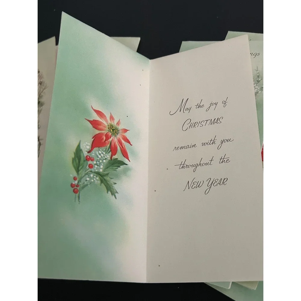 Christmas Cards Glitter Bulk Lot  Vintage Glitter Poinsettia Candle Winter Scene